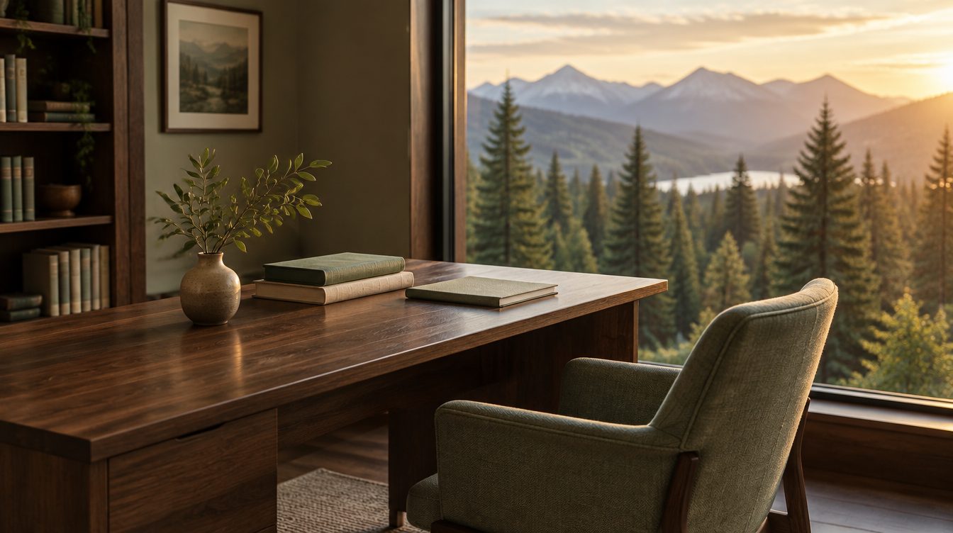 Bureau du cabinet, fenêtre ouverte sur la forêt